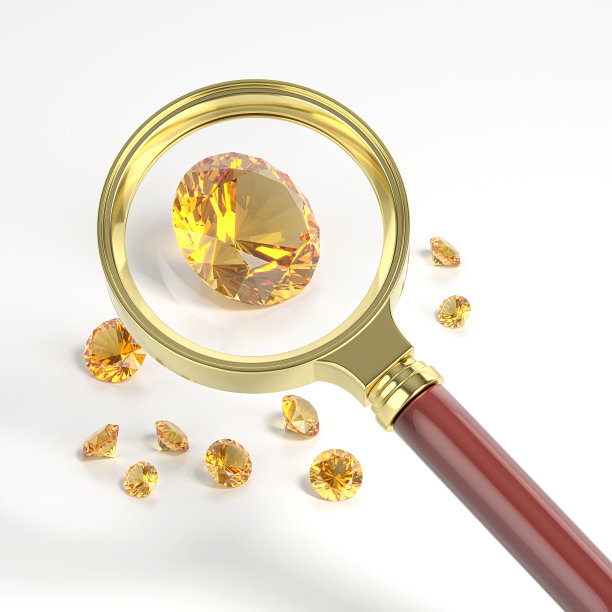 放大镜下的黄色蓝宝石。白色表面上散落的珠宝。宝石工业。3d渲染。图片下载