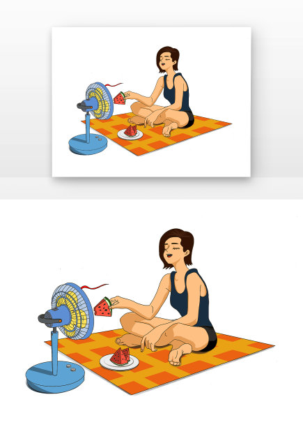 彩色小暑卡通吃西瓜风扇凉垫图片下载