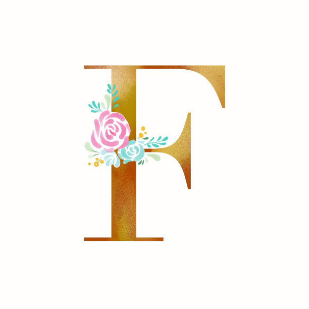 字母F, F字母婚礼，标志，请柬，卡片等，美丽的婚礼请柬，手绘玫瑰和树叶。图片下载