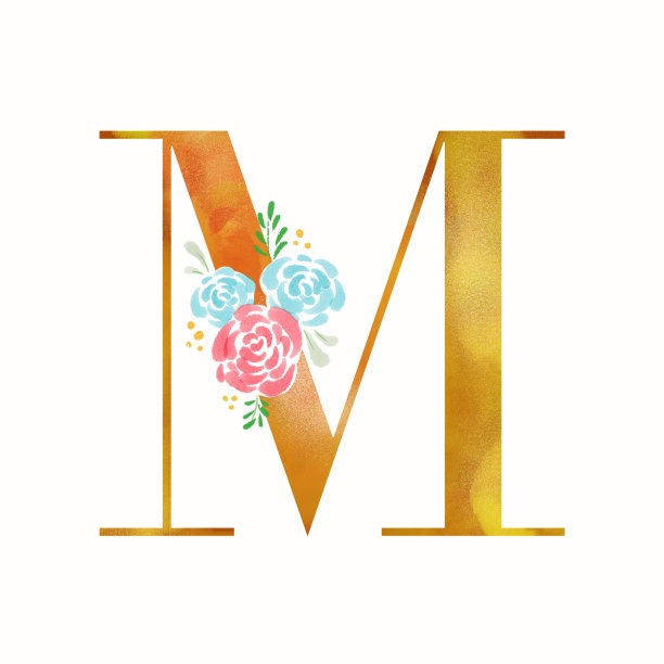 字母M，婚礼的M字母，标志，请柬，卡片等，美丽的婚礼请柬，手绘玫瑰和树叶。图片下载