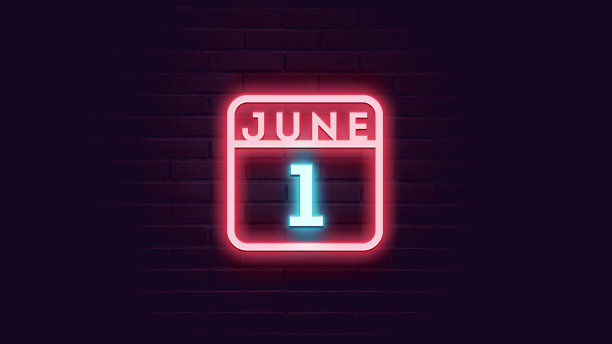 6月1日日历与霓虹蓝色和红色霓虹灯在砖的背景图片下载