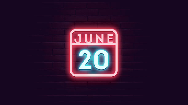 6月20日日历与霓虹蓝色和红色霓虹灯在砖的背景图片下载