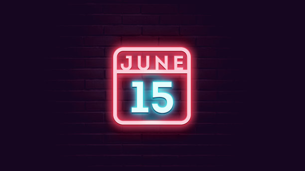 6月15日日历与霓虹蓝色和红色霓虹灯在砖的背景图片下载