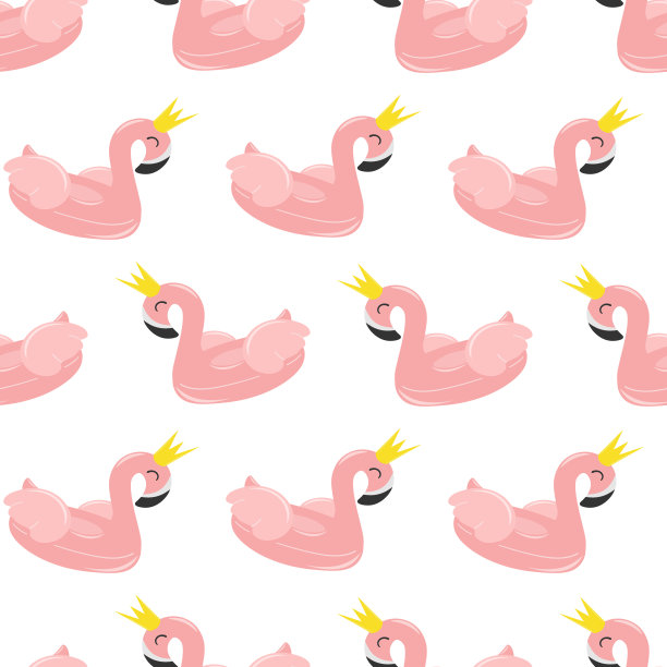 夏季元素的无缝图案:粉红色火烈鸟形状的充气圆圈。图片下载