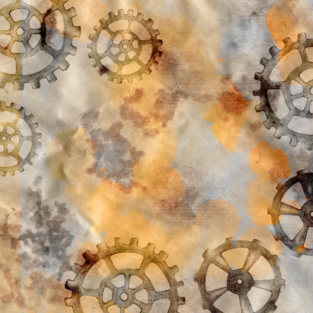 在Grunge背景上手绘蒸汽朋克齿轮传动元件数码纸。图片下载