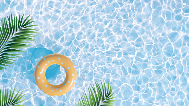 夏季泳池派对平lay概念。充气的黄色漂浮在棕榈叶的阴影里。让假期开始吧。3 d演示。“n图片下载