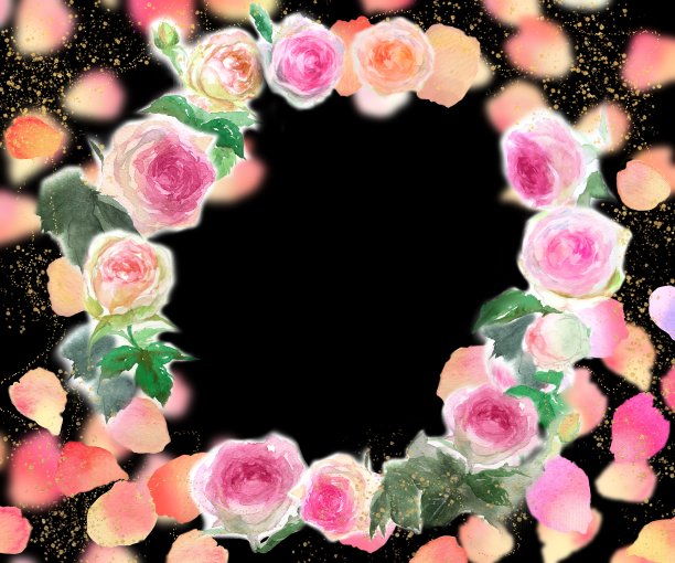 花圈水彩手绘插图皮埃尔德朗萨德花圈与跳舞的玫瑰花瓣和粉红色的玫瑰图片下载