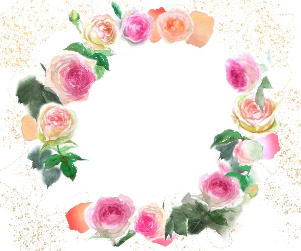 花圈水彩手绘插图皮埃尔德朗萨德花圈与跳舞的玫瑰花瓣和粉红色的玫瑰图片下载