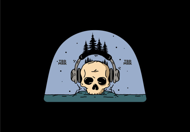 戴着耳机的骷髅头和松树图片下载