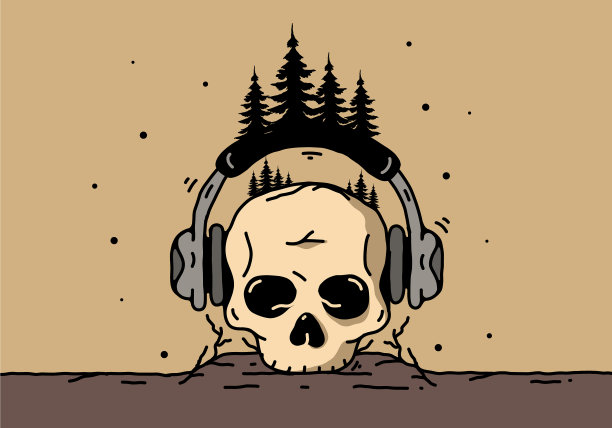 戴着耳机的骷髅头和松树图片下载