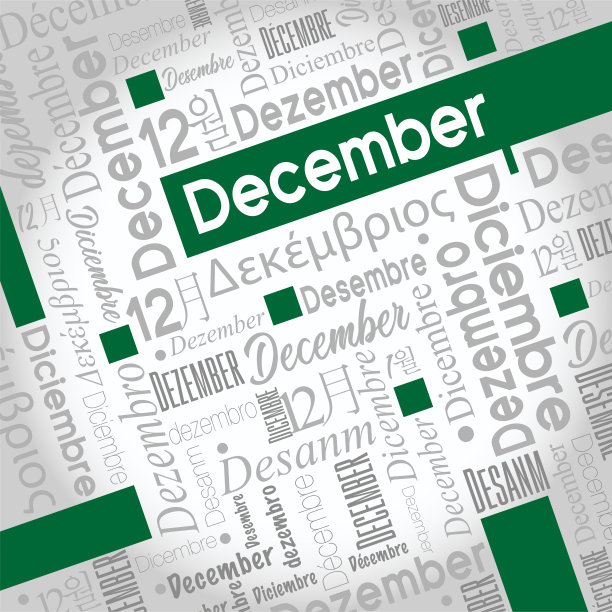 12月的单词云用灰色书写西班牙语、德语、葡萄牙语、意大利语、日语、韩语，并用颜色突出显示英语单词图片下载