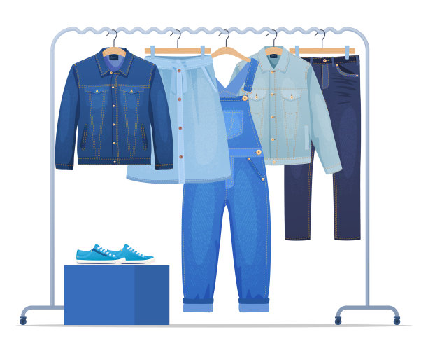 不同的牛仔衣服和鞋子挂在架子上图片下载