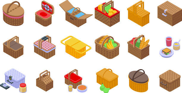 野餐篮子图标设置等距风格图片下载