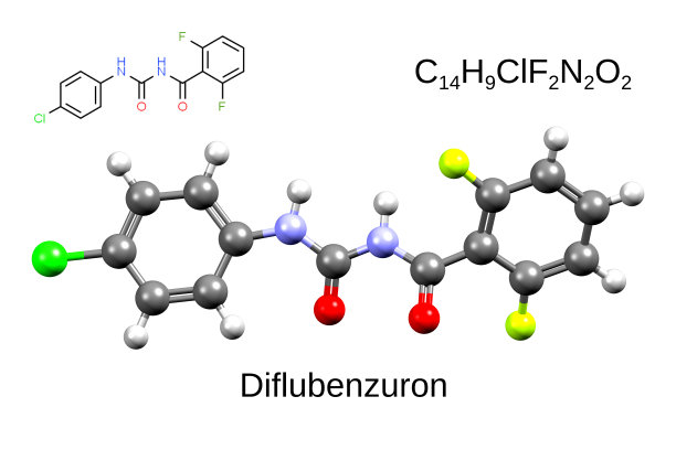 杀虫剂杀虫脲的化学配方、骨架配方和三维球棍模型图片下载