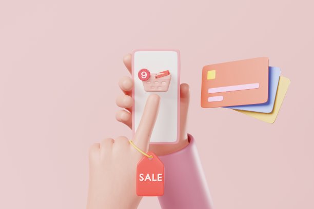 网上购物和销售，篮子，手持手机，信用卡。用智能手机购物的概念。三维渲染图片下载