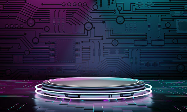 在宇宙飞船实验室与空的平台内部建筑与发光的霓虹灯赛博朋克产品展示。科技和科幻概念。在宇宙飞船实验室与空平台内部建筑发光图片下载