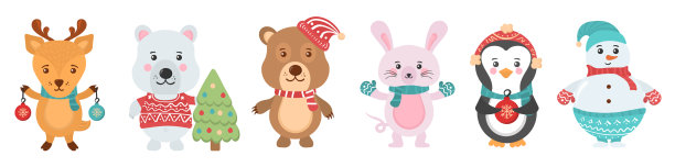 一套可爱的圣诞动物雪人角色图片下载