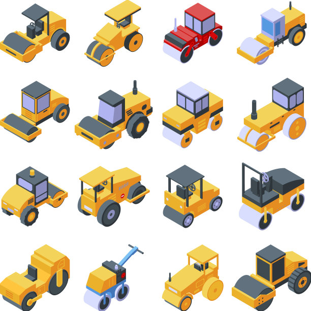 道路压路机图标设置等距风格图片下载