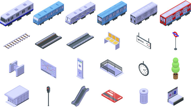 地铁列车图标设置等距风格图片下载