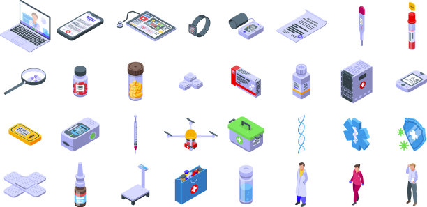远程医疗图标设置等距风格图片下载