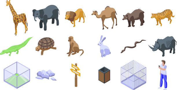 公园动物园图标设置等距风格图片下载