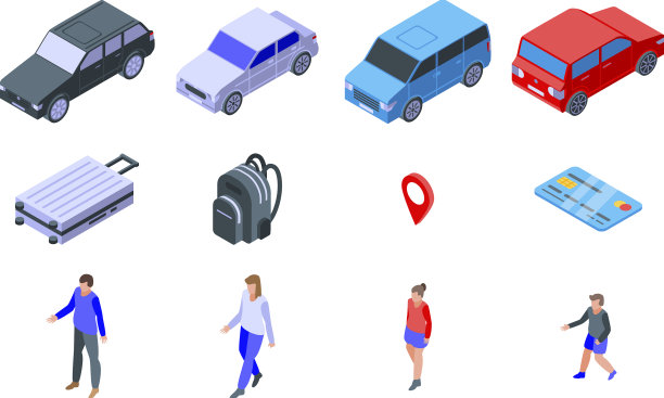 旅行的汽车图标设置等距风格图片下载