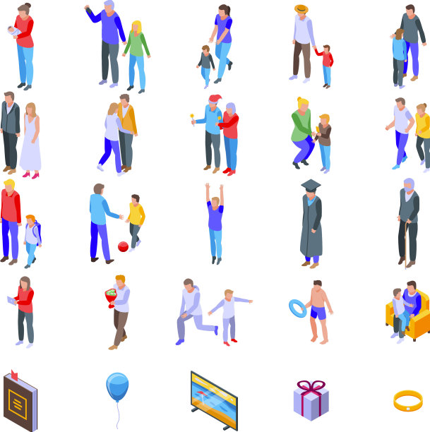 家庭时刻图标设置等距风格图片下载