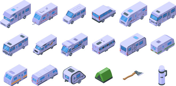 汽车露营图标设置等距风格图片下载