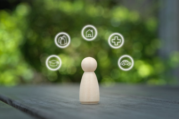 木制人物形象，图标教育，购物袋，房子，汽车和医疗保健。图片下载