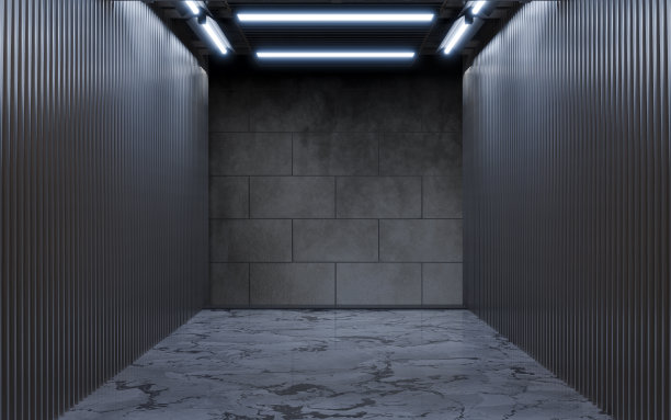 黑暗的建筑与霓虹灯照明，3d渲染。图片下载