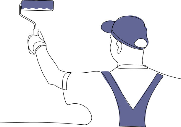 油漆工戴着手套用滚筒刷墙图片下载