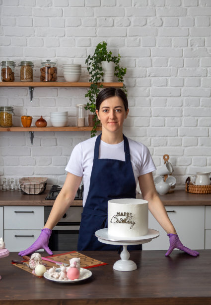 穿着围裙的女人的肖像。桌上有一个现成的蛋糕，上面写着“生日快乐”。有工具和糖果。有选择性的重点。关于糖果商、食物、爱好的照片。图片下载