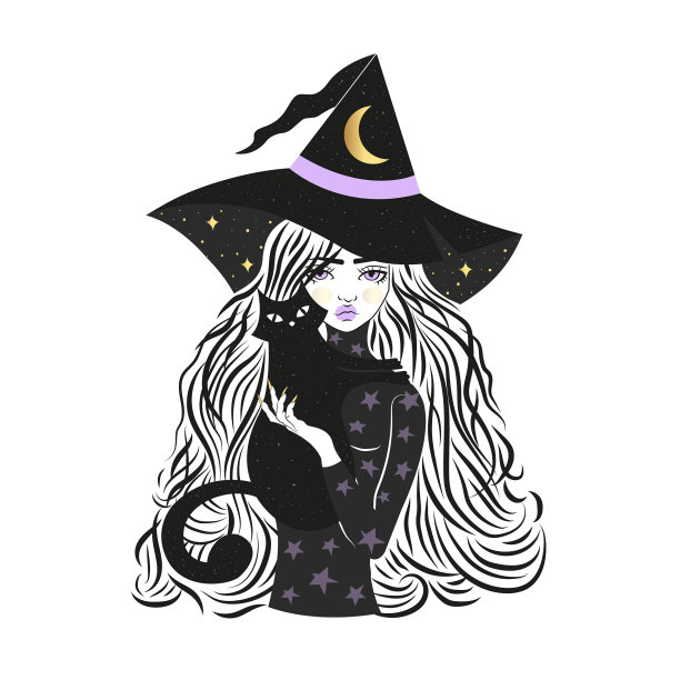 可爱的女巫和猫戴着有星星和月亮的帽子图片下载