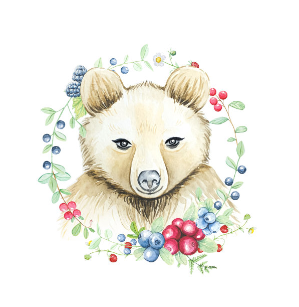 可爱的小熊和浆果花环。水彩插图图片下载