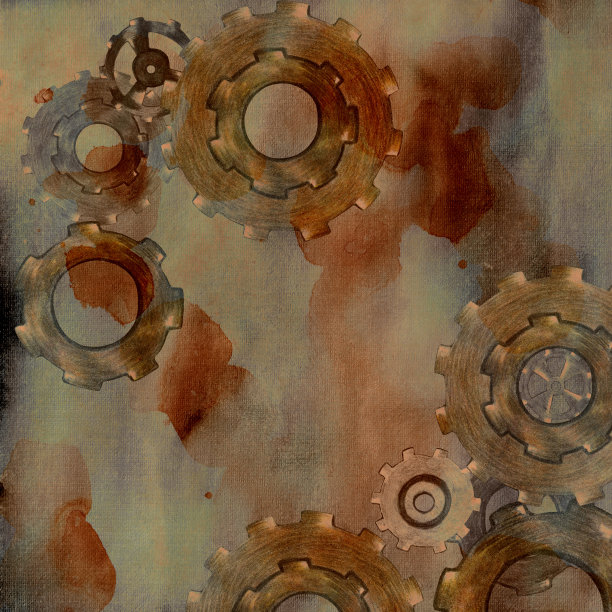在Grunge背景上手绘蒸汽朋克齿轮传动元件数码纸。图片下载