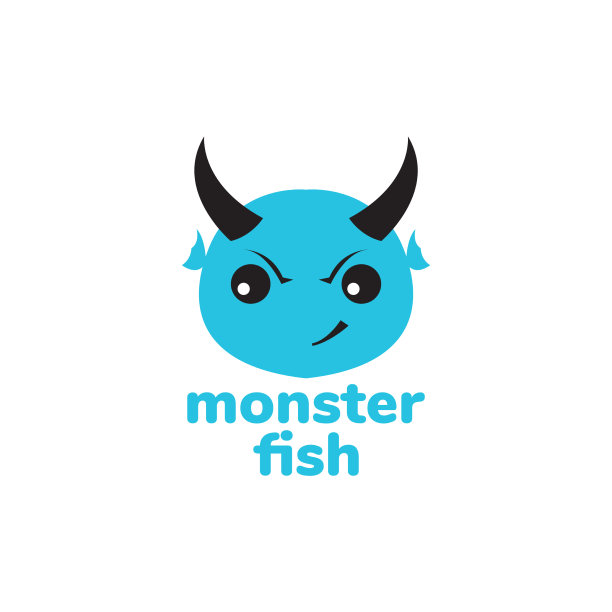 可爱的蓝色怪物鱼与角标志设计图片下载