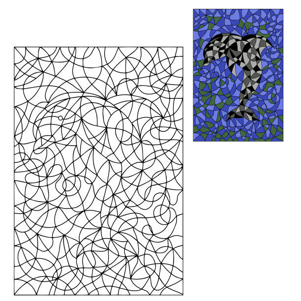 黑白和彩色插图彩色玻璃风格与抽象海豚。图片着色书和着色页。图片下载