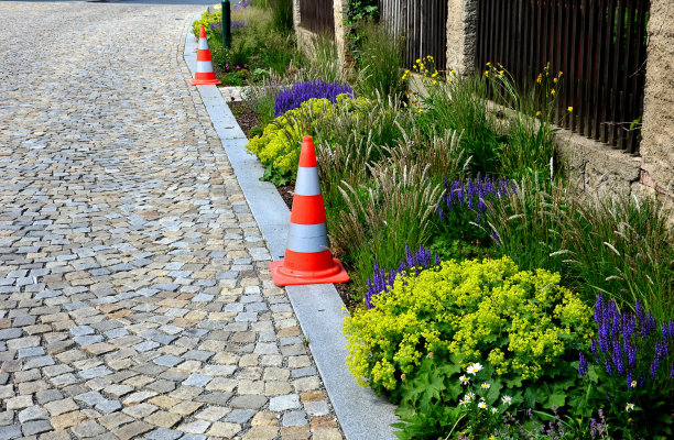 五彩缤纷的草原花床在城市环境吸引昆虫和蝴蝶，覆盖在砾石。在精油的角落里，巨大的巨石阻碍着边缘的交叉图片下载