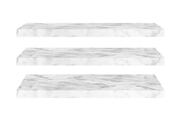 白色背景上孤立的天然灰色大理石货架的空顶透视，包括产品展示的裁剪路径图片下载