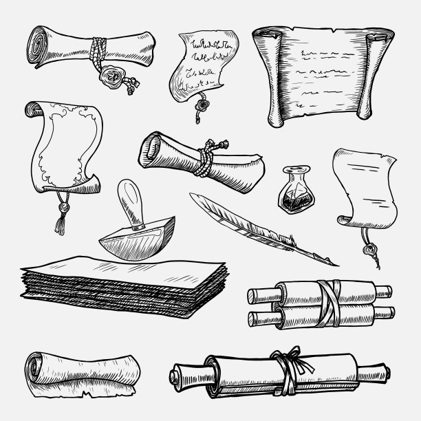 一套孤立的古纸卷轴元素图片下载