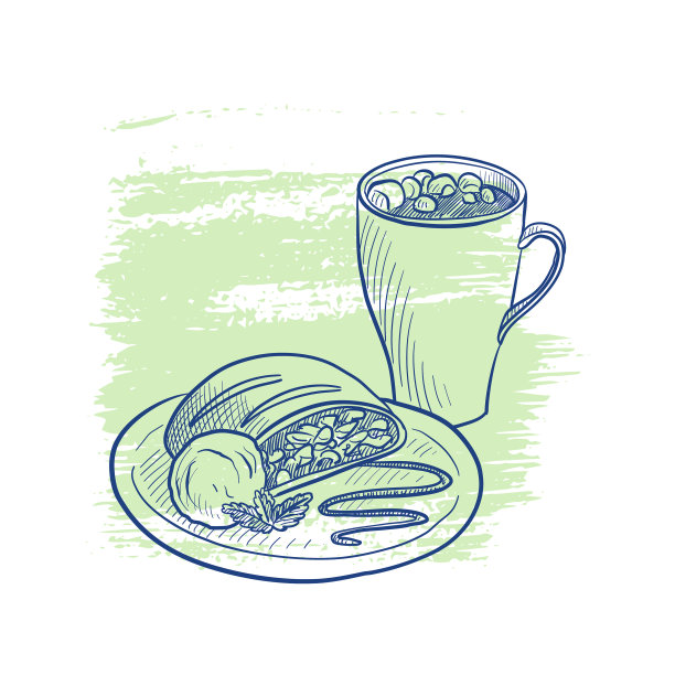 画热巧克力和馅饼的草图图片下载