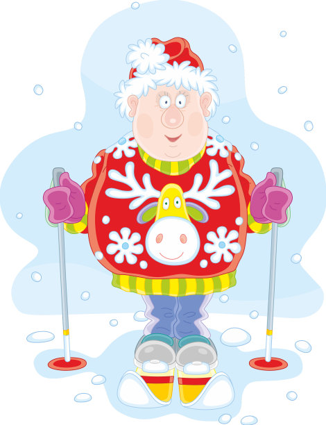 穿着圣诞毛衣的有趣的滑雪运动员图片下载