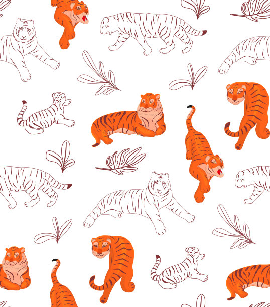 图案与老虎和树叶卡通图片下载