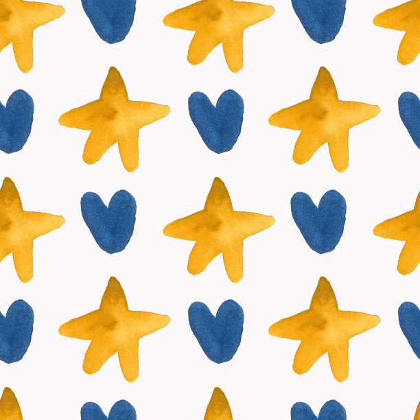 无缝水彩图案的黄色星星和蓝色的心。图片下载
