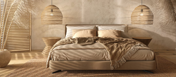 农舍内部的波西米亚斯堪的纳维亚风格。米色卧室，配有天然木制家具、百叶窗和干枯植物。3 d渲染插图。图片下载