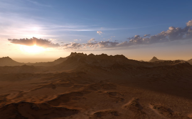 日出时岩石和沙子形成的景观。3 d渲染。图片下载