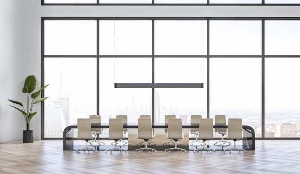 现代会议室内部木地板，全景城市景观，家具和各种项目。3 d渲染。图片下载