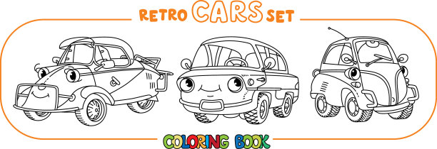 有趣的小复古汽车与眼睛着色书设置图片下载