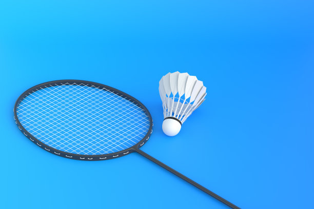 蓝色背景的羽毛球拍和羽毛球图片下载