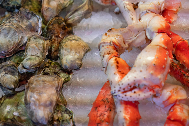 蟹腿上冰和海贝，海鲜新鲜混合图片下载